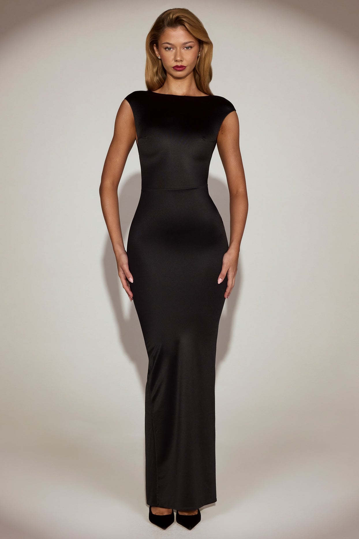 Satin Boat-Neck Twist-Back Maxi Dress in Black - 5