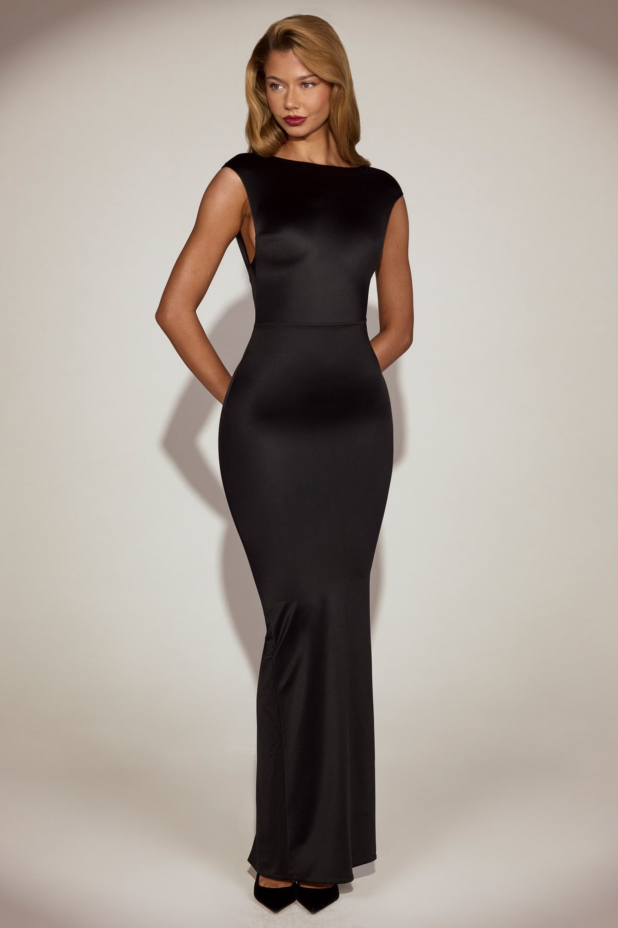 Satin Boat-Neck Twist-Back Maxi Dress in Black - 6