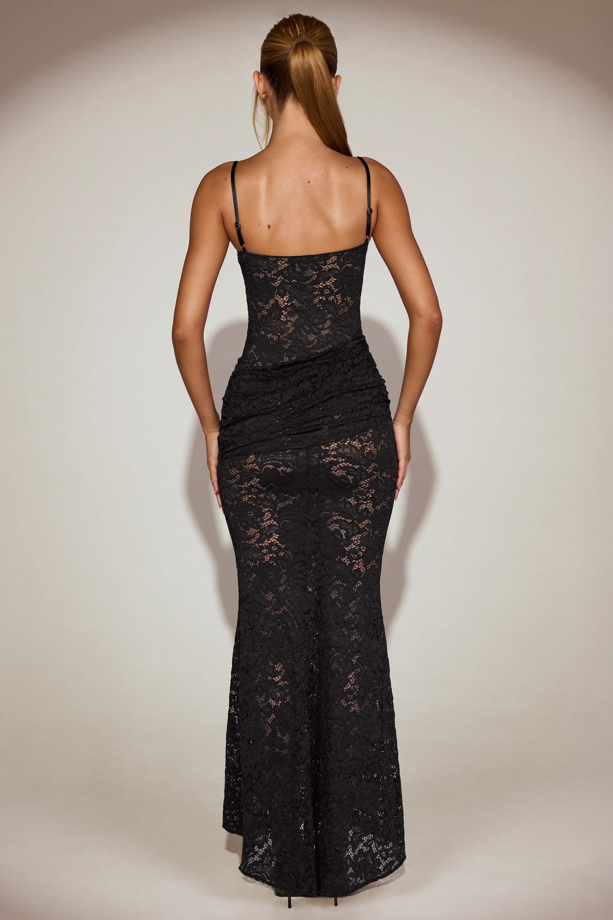 Sheer Lace Square-Neck Ruched Gown in Black - 7