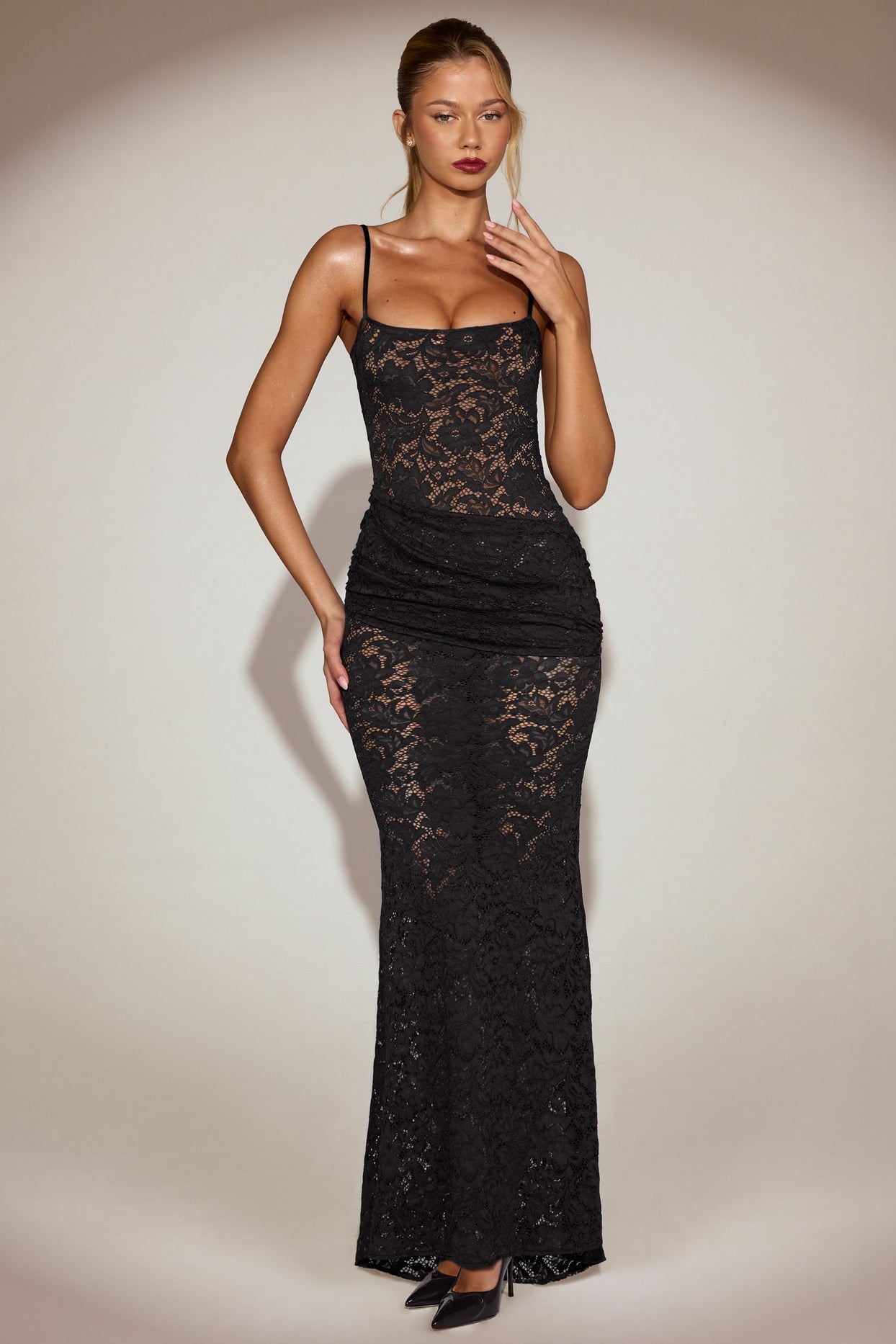 Sheer Lace Square-Neck Ruched Gown in Black - 9