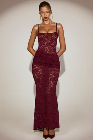 Lace Ruched Gown in Wine Red