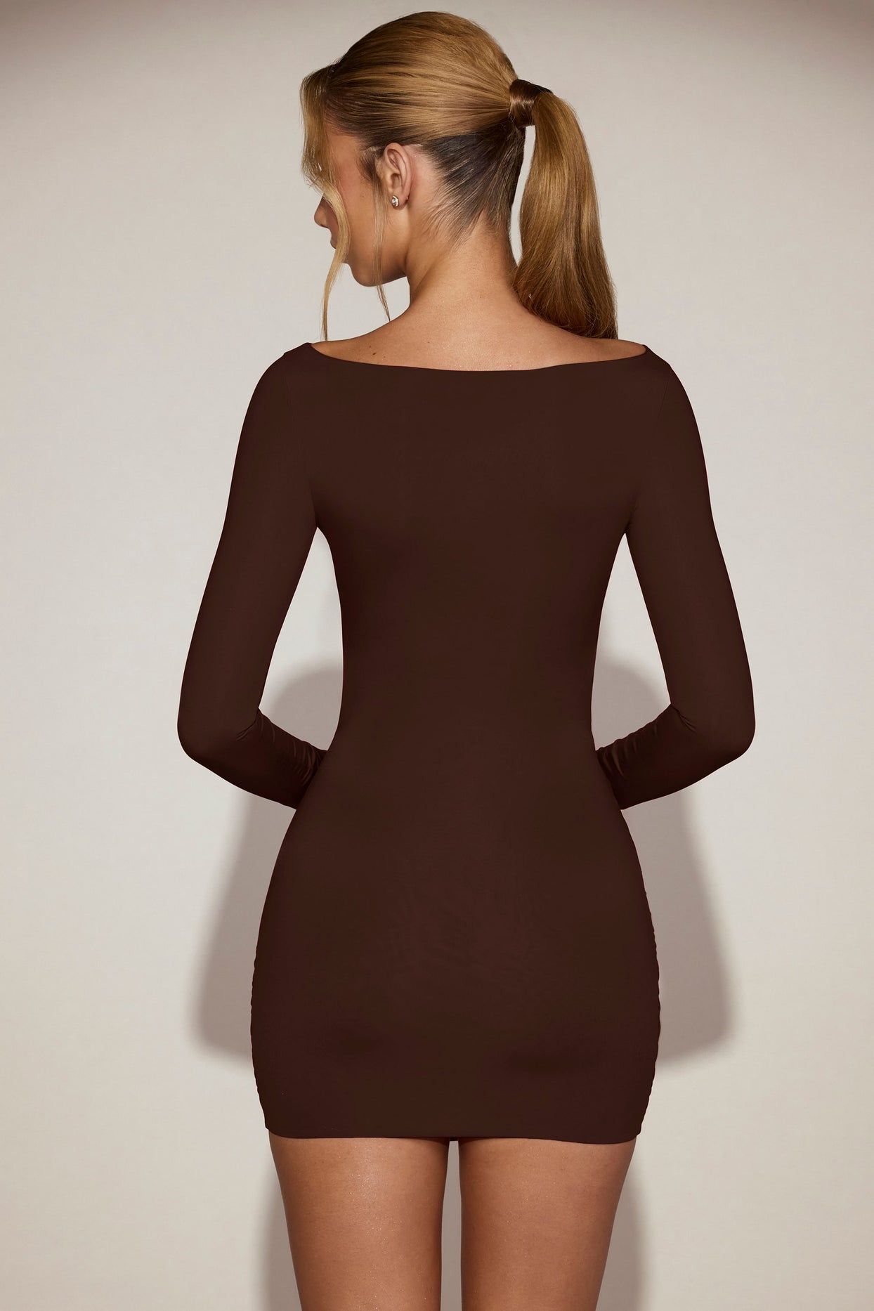 Soft-Jersey Boat-Neck Draped Mini Dress in Chocolate Brown - 4