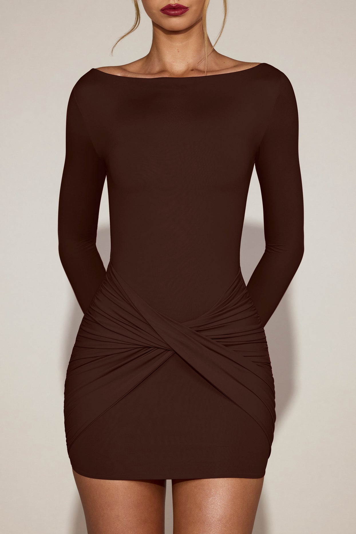 Soft-Jersey Boat-Neck Draped Mini Dress in Chocolate Brown - 5
