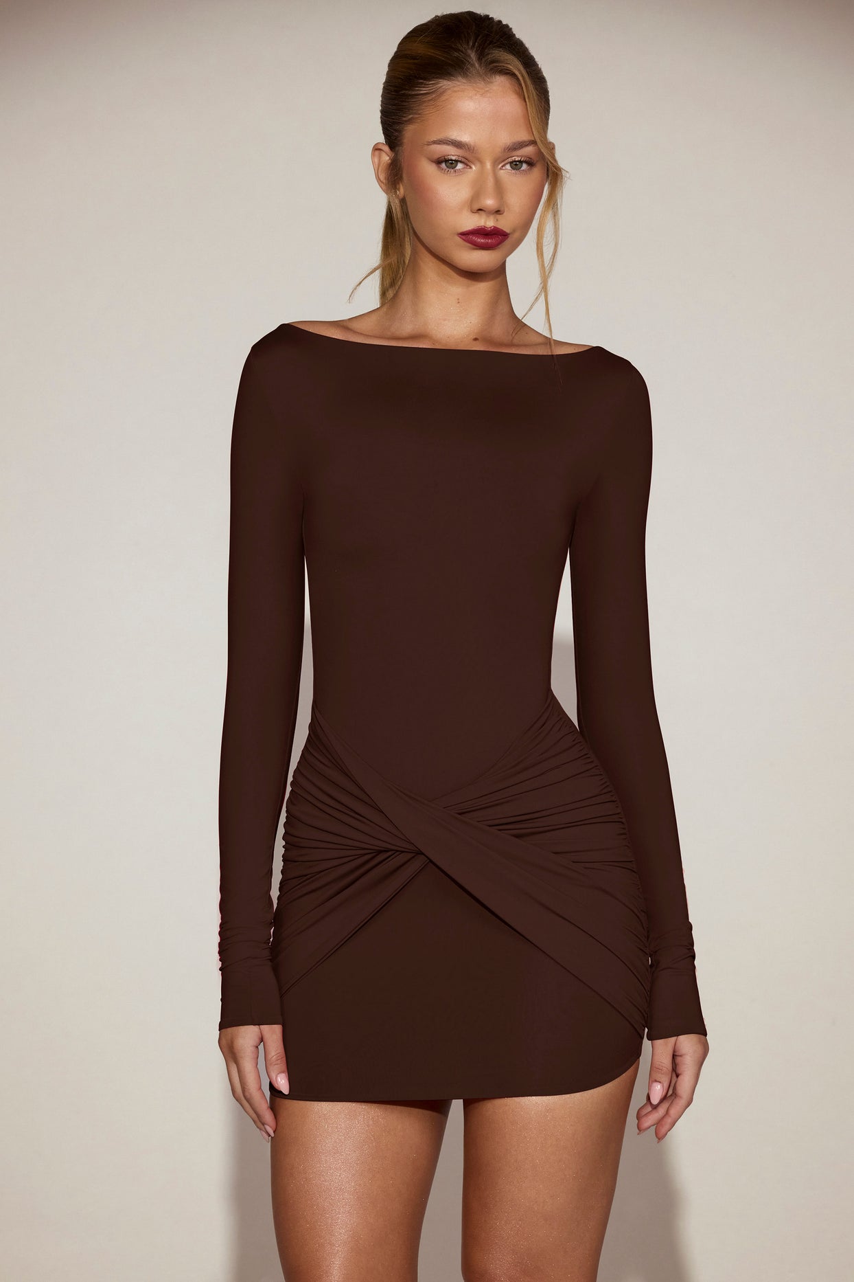 Soft-Jersey Boat-Neck Draped Mini Dress in Chocolate Brown - 6