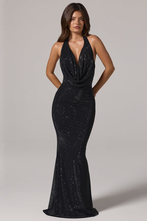 Embellished Cowl-Neck Gown in Black