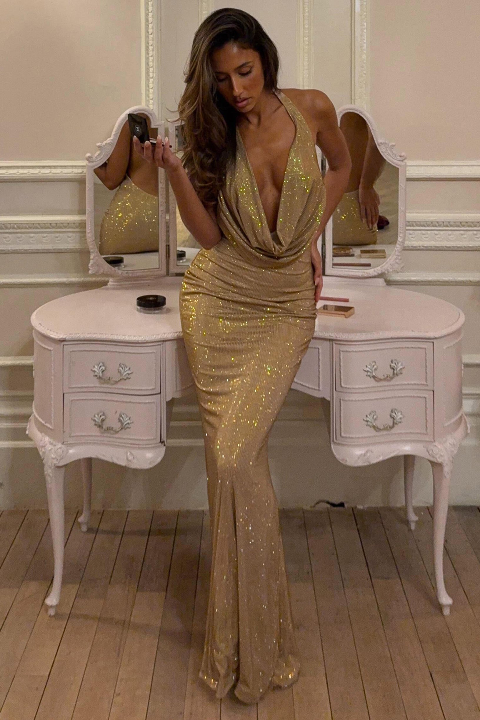 Embellished Cowl-Neck Backless Gown in Gold - 1