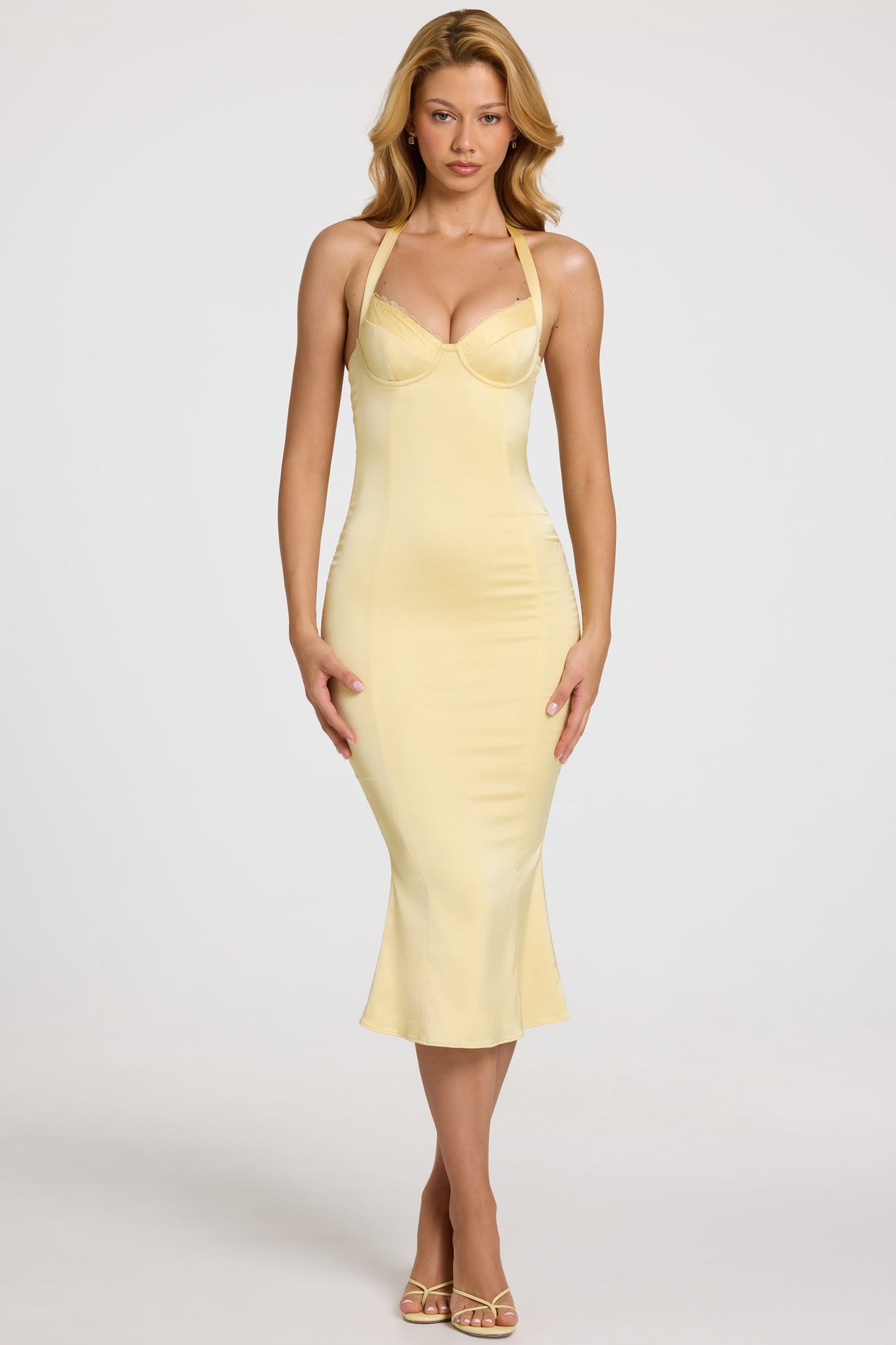 Satin Sweetheart Bustier Fishtail Midaxi Dress in Butter Yellow - 5