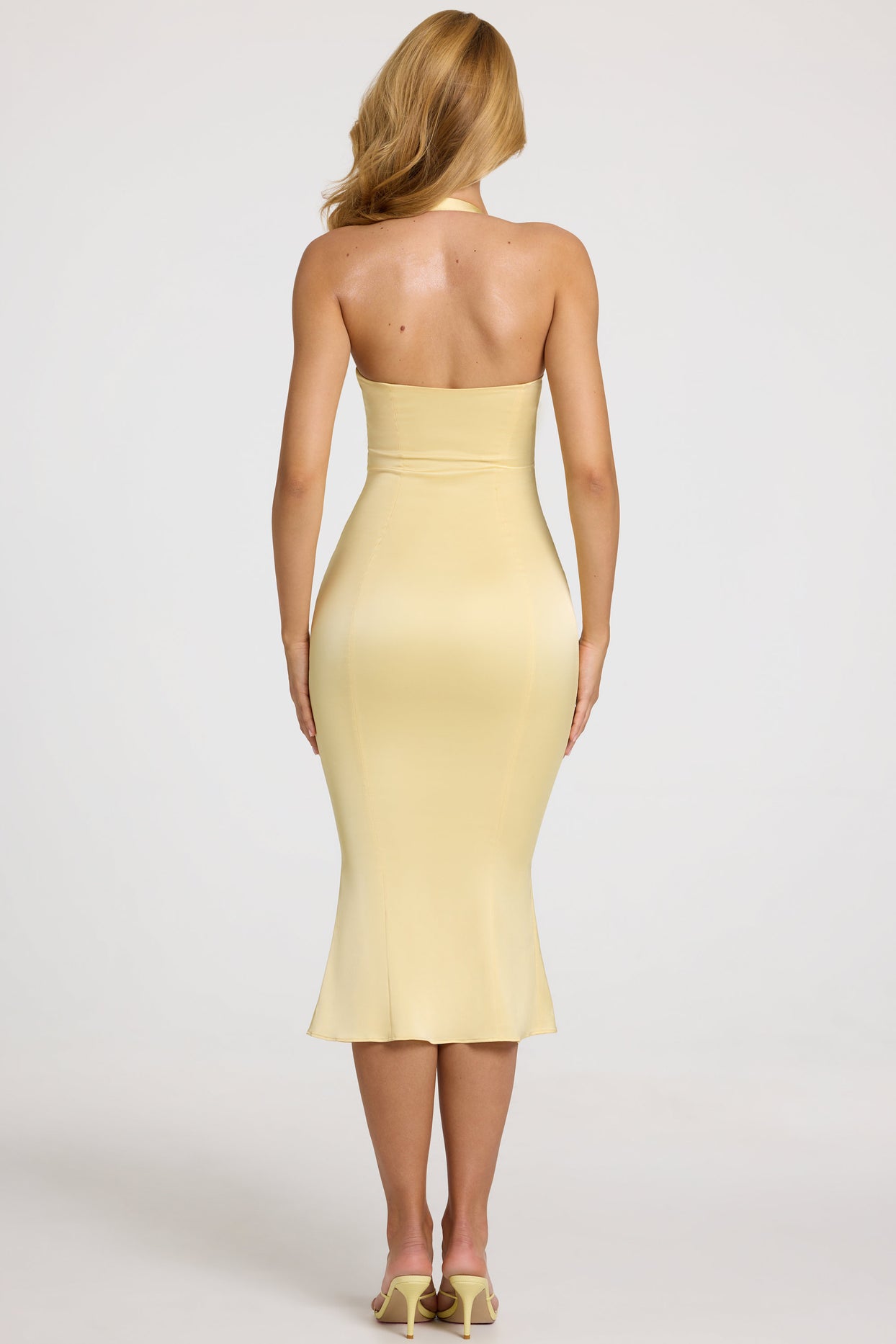 Satin Sweetheart Bustier Fishtail Midaxi Dress in Butter Yellow - 3