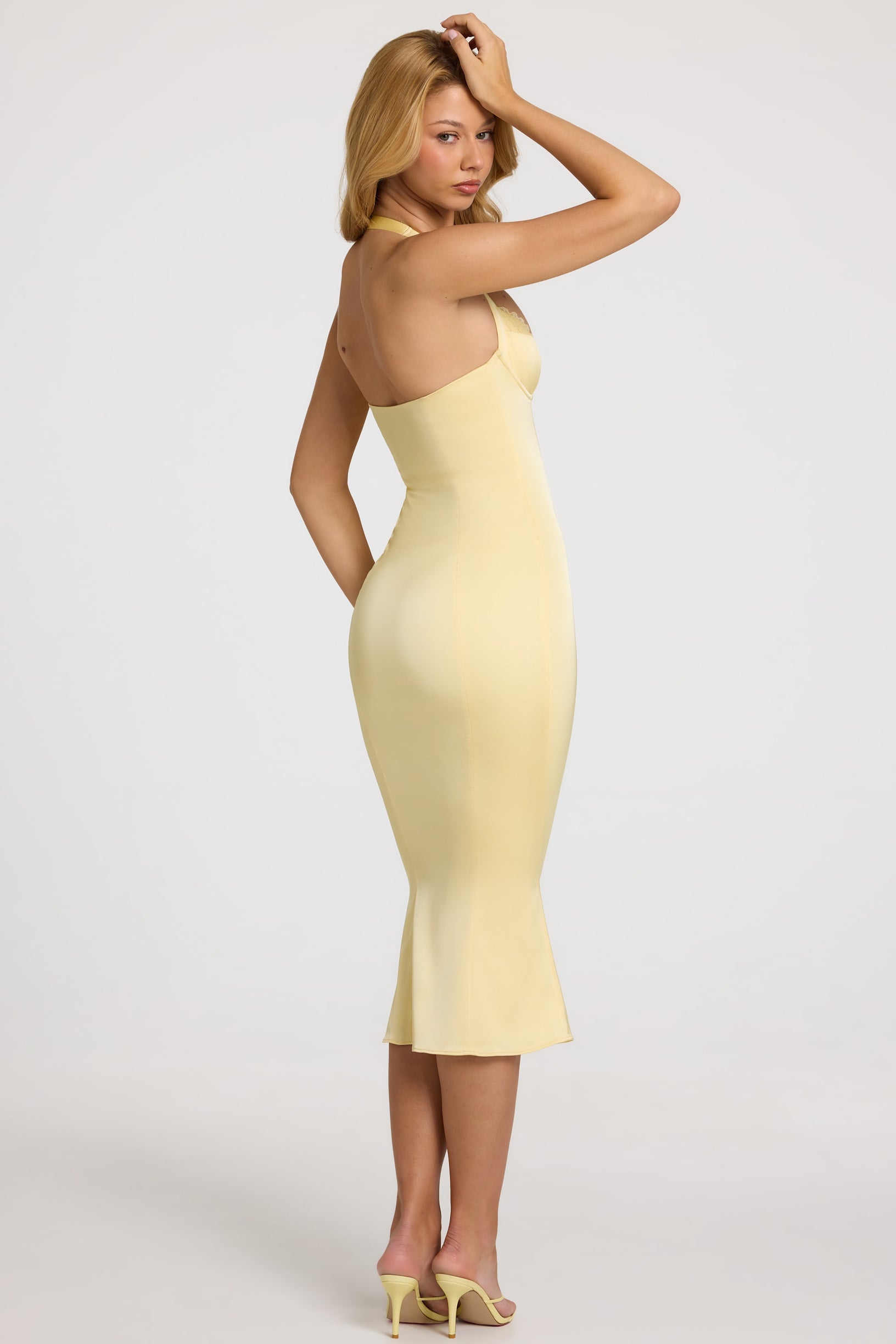 Satin Sweetheart Bustier Fishtail Midaxi Dress in Butter Yellow - 2