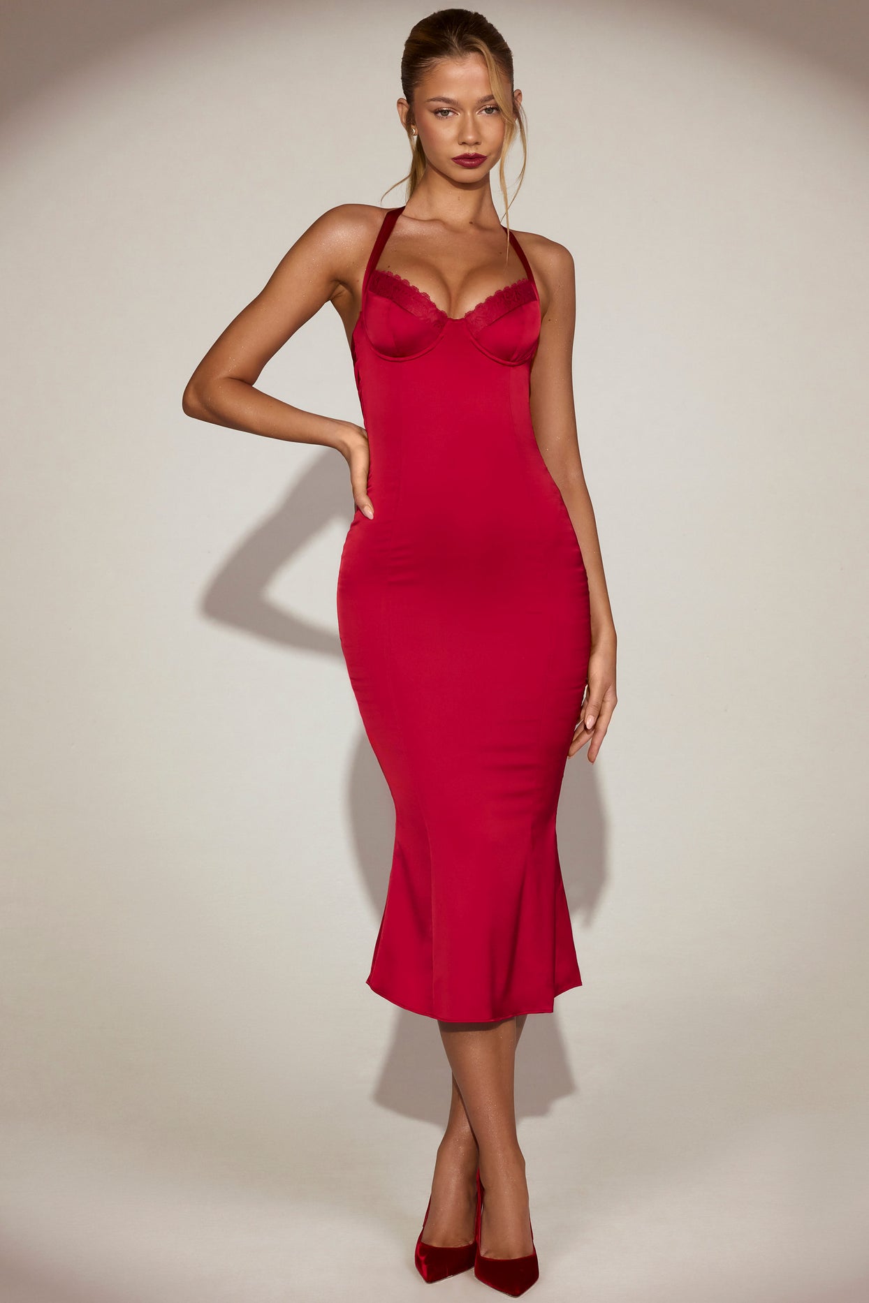 Satin Sweetheart Bustier Fishtail Midaxi Dress in True Red - 10