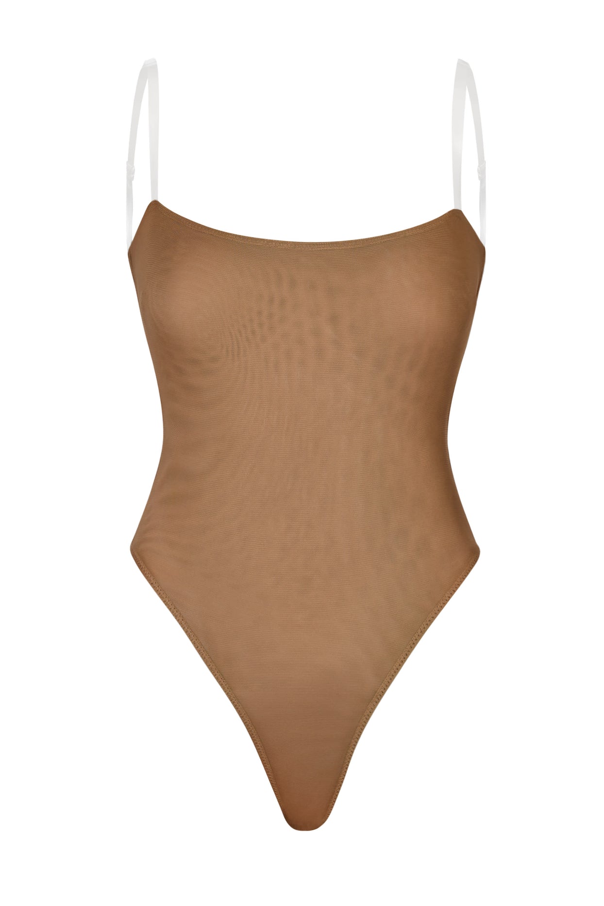 Soft Mesh Invisible Strap Thong Bodysuit in Almond - 1