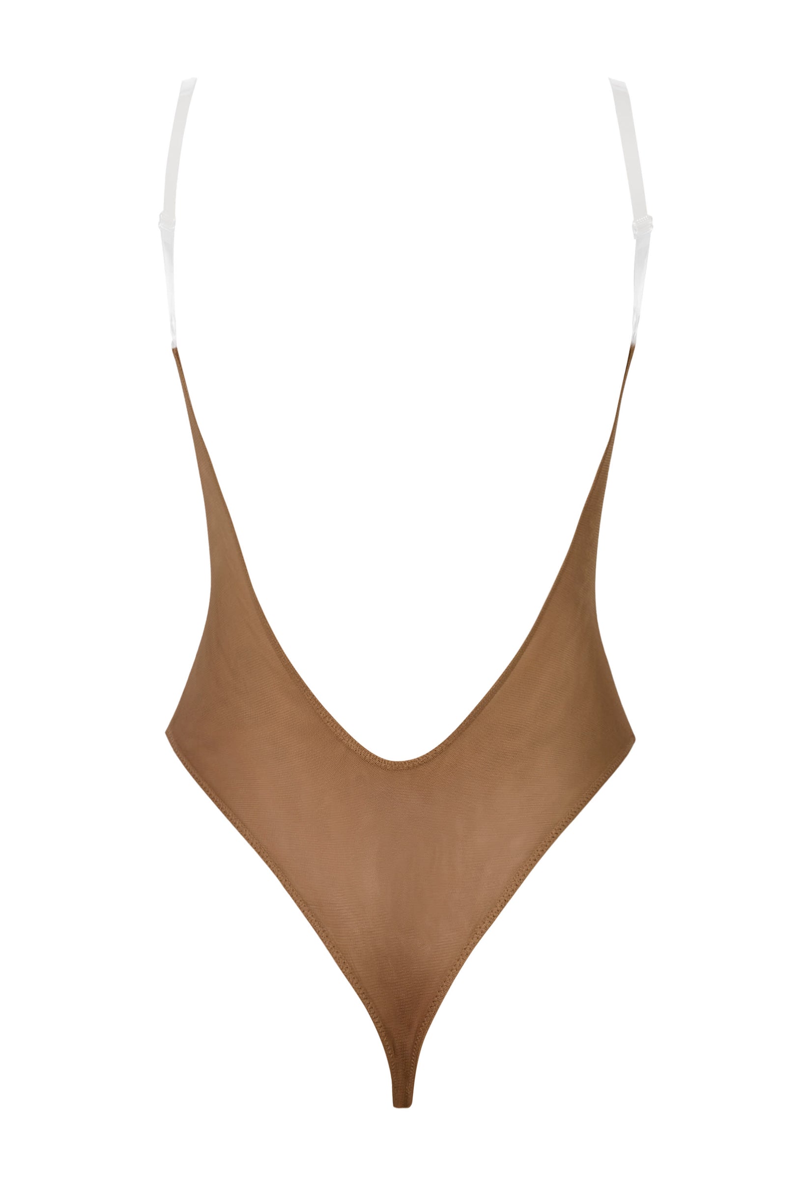 Soft Mesh Invisible Strap Thong Bodysuit in Almond - 2