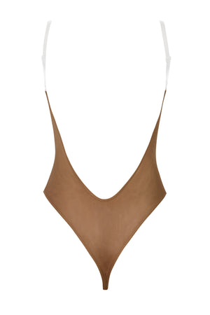 Soft Mesh Clear Strap Bodysuit in Almond
