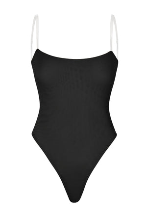 Soft Mesh Clear Strap Bodysuit in Black