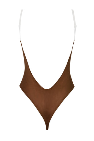 Soft Mesh Clear Strap Bodysuit in Chestnut