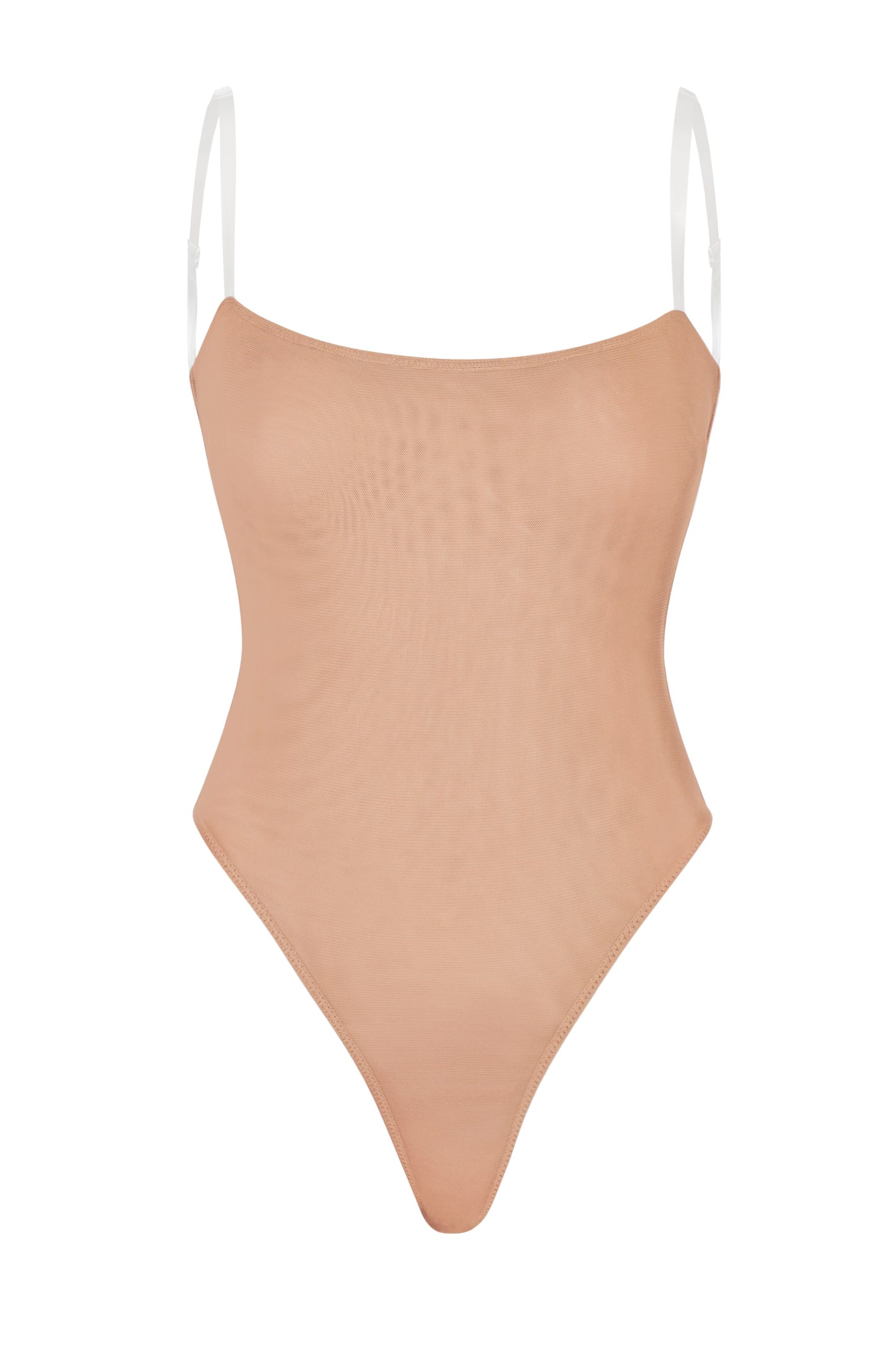 Soft Mesh Invisible Strap Thong Bodysuit in Warm Peach - 1