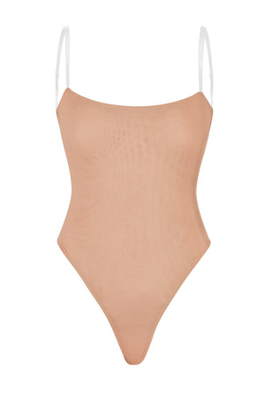Soft Mesh Clear Strap Bodysuit in Warm Peach