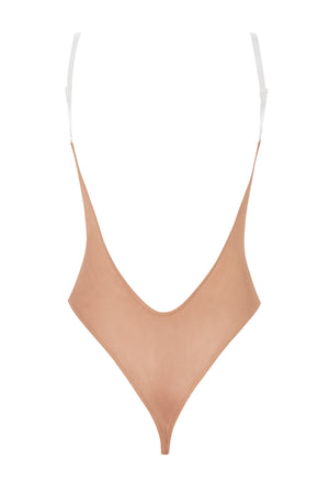 Soft Mesh Clear Strap Bodysuit in Warm Peach
