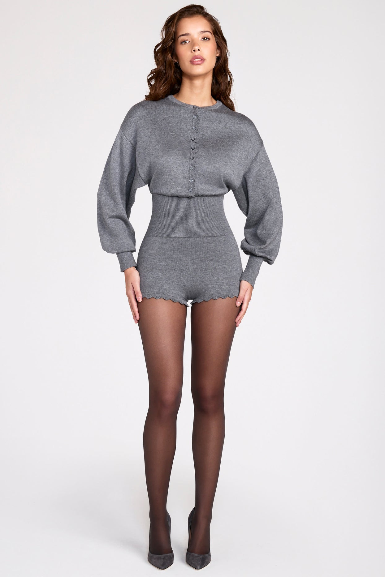 Fine-Knit Long-Sleeve Romper in Grey - 1