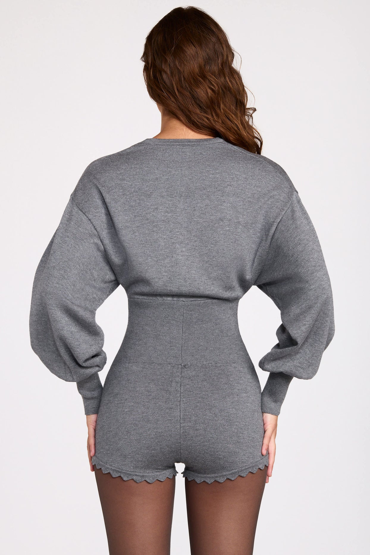 Fine-Knit Long-Sleeve Romper in Grey - 3