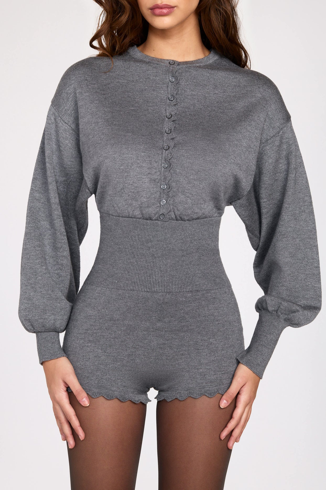 Fine-Knit Long-Sleeve Romper in Grey - 2