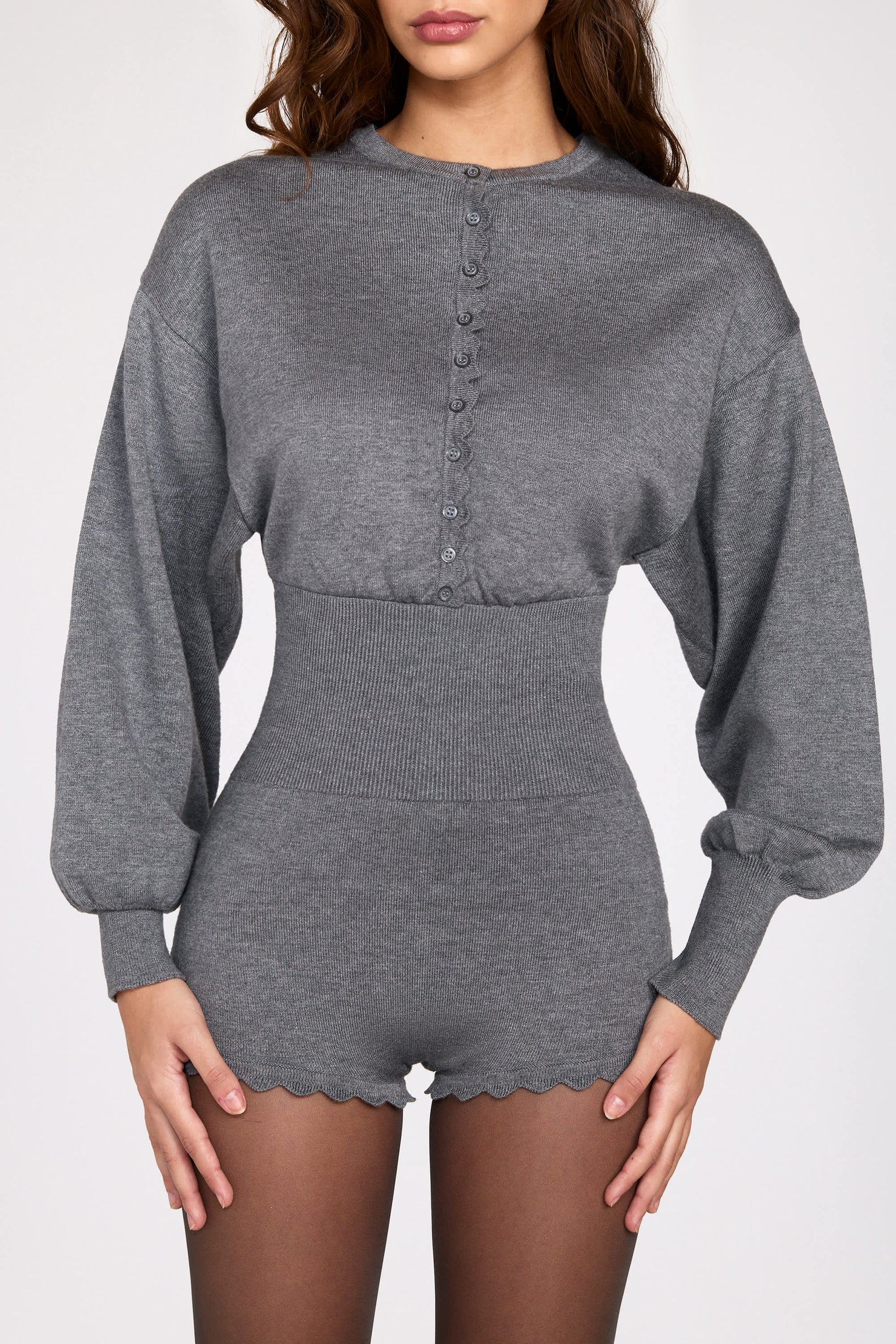 Fine-Knit Long-Sleeve Romper in Grey - 2