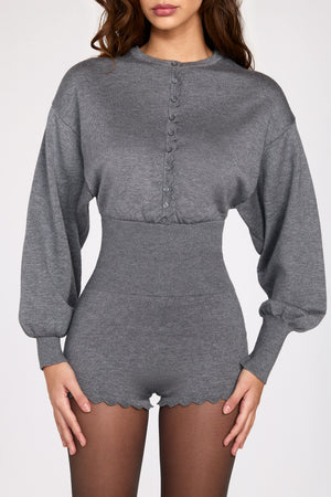 Knit Long-Sleeve Romper in Grey