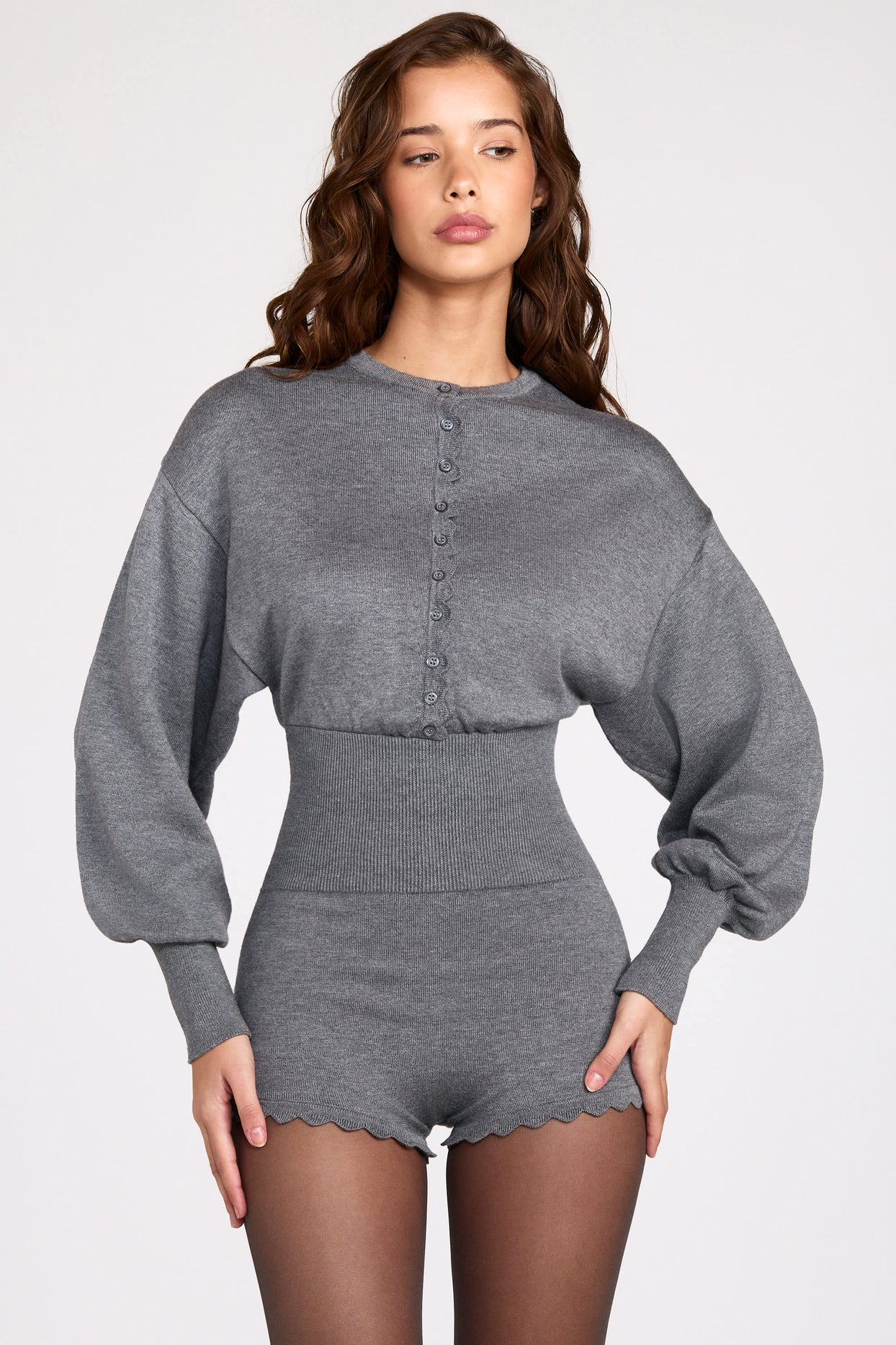 Fine-Knit Long-Sleeve Romper in Grey - 6
