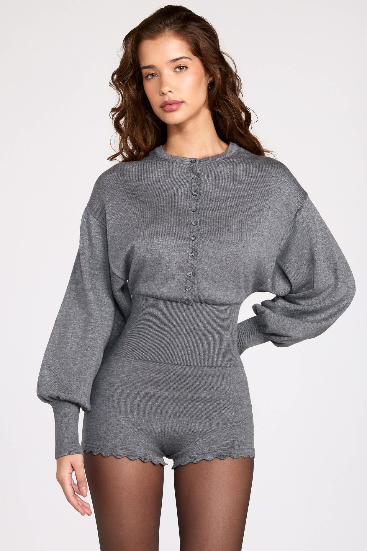 Fine-Knit Long-Sleeve Romper in Grey - 9
