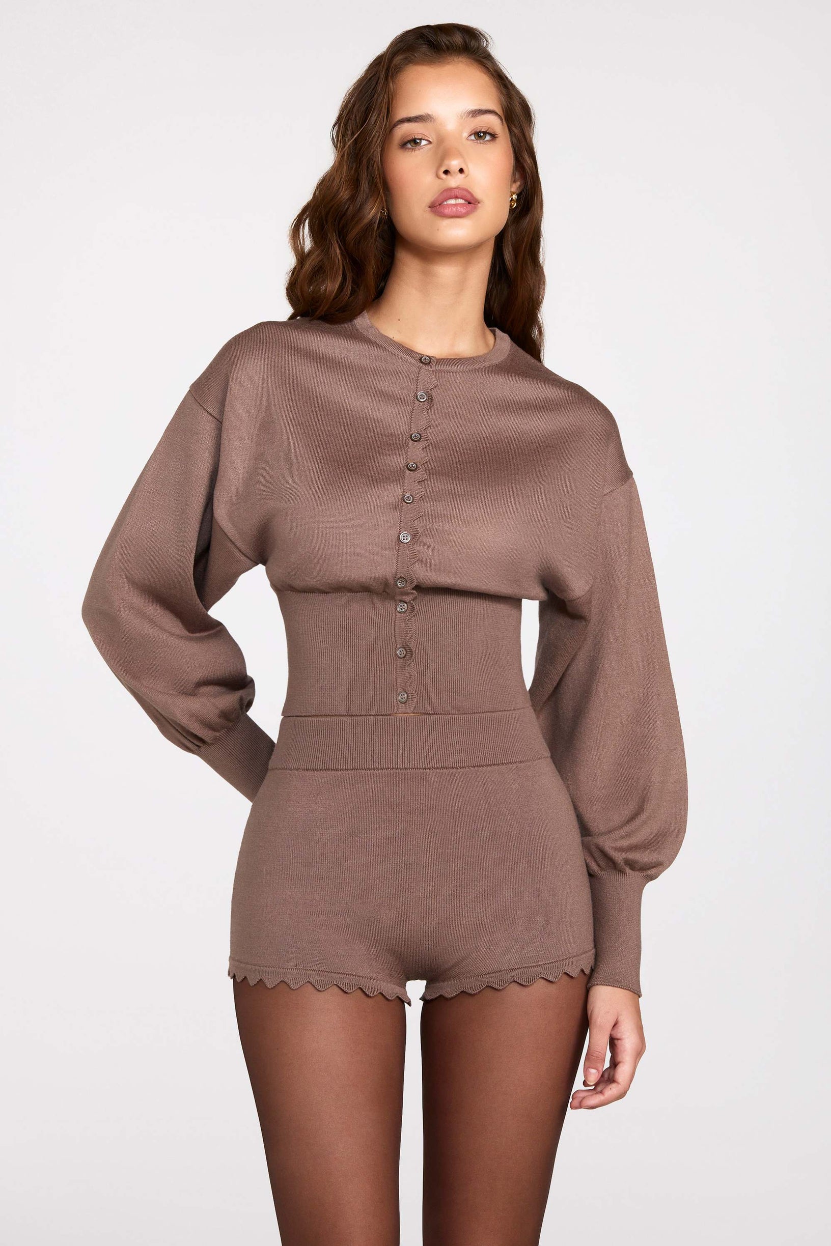 Knit Long-Sleeve Cardigan in Mocha - 1