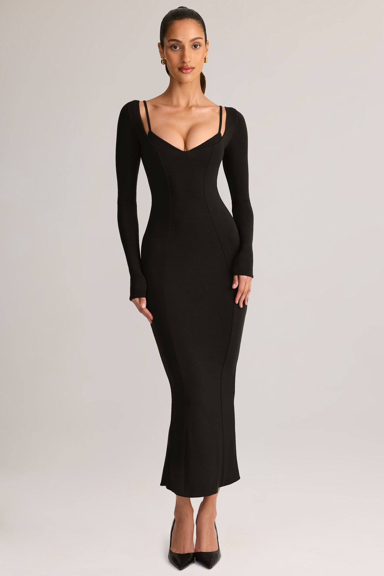 Modal Peekaboo Long-Sleeve Midi Dress in Black - 4