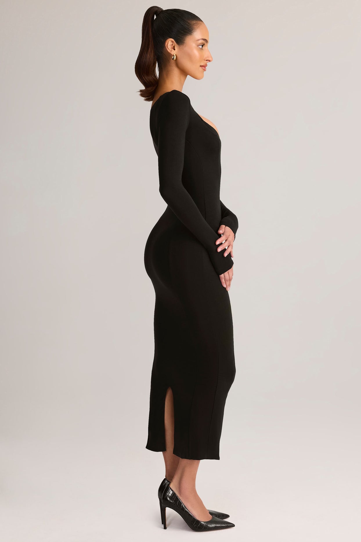 Modal Peekaboo Long-Sleeve Midi Dress in Black - 3