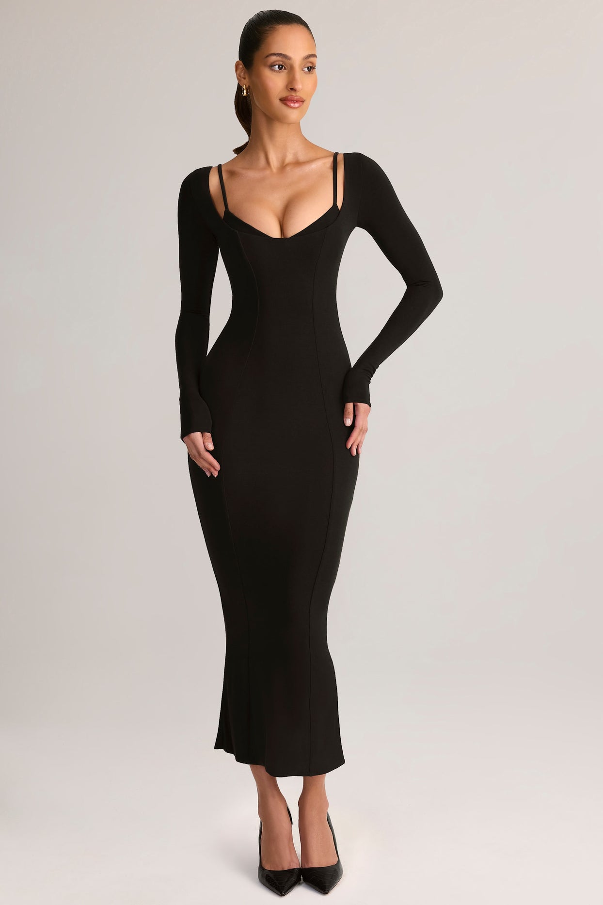 Modal Peekaboo Long-Sleeve Midi Dress in Black - 1