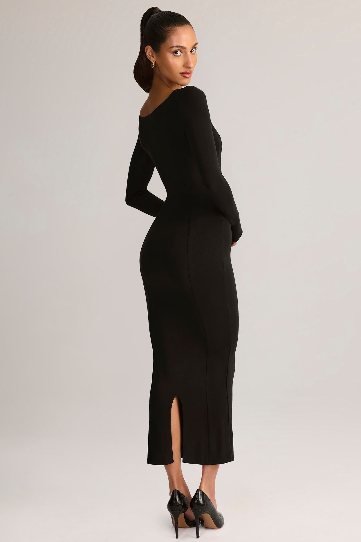 Modal Peekaboo Long-Sleeve Midi Dress in Black - 5