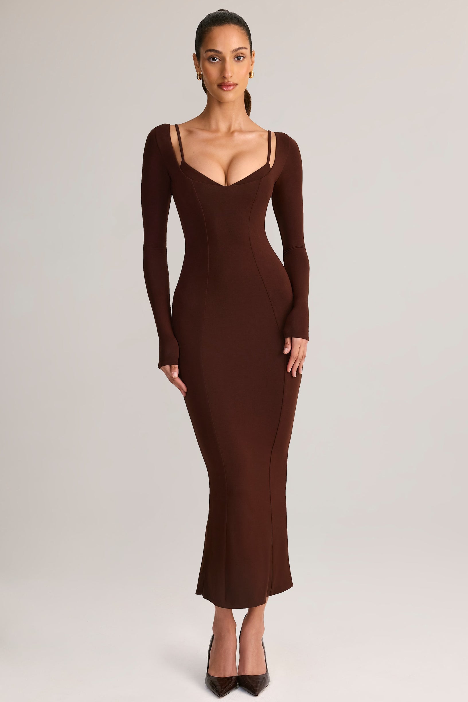 Modal Peekaboo Long-Sleeve Midi Dress in Chocolate Brown - 2