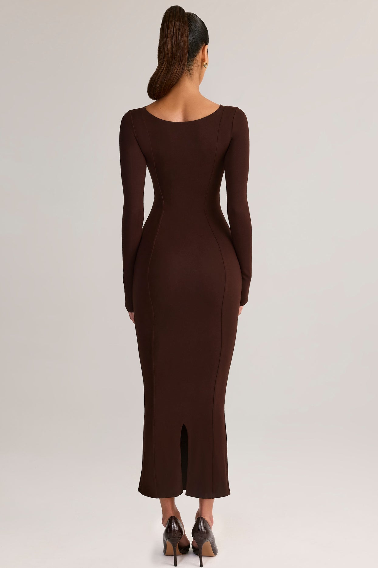 Modal Peekaboo Long-Sleeve Midi Dress in Chocolate Brown - 3