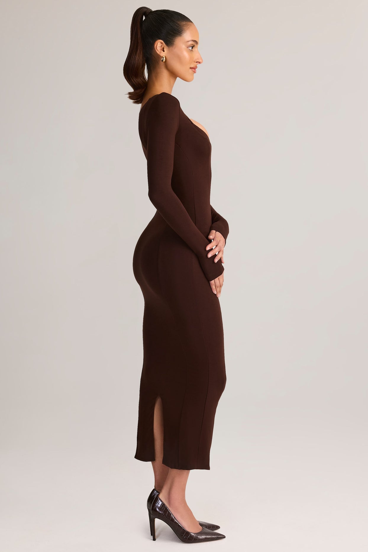 Modal Peekaboo Long-Sleeve Midi Dress in Chocolate Brown - 4