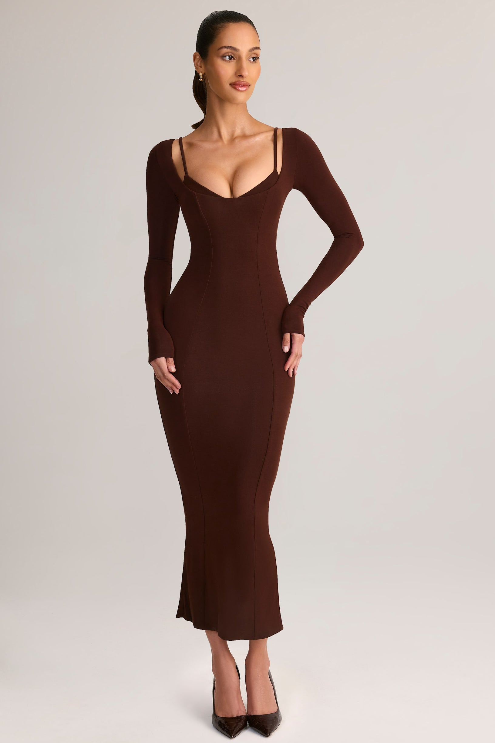 Modal Peekaboo Long-Sleeve Midi Dress in Chocolate Brown - 1