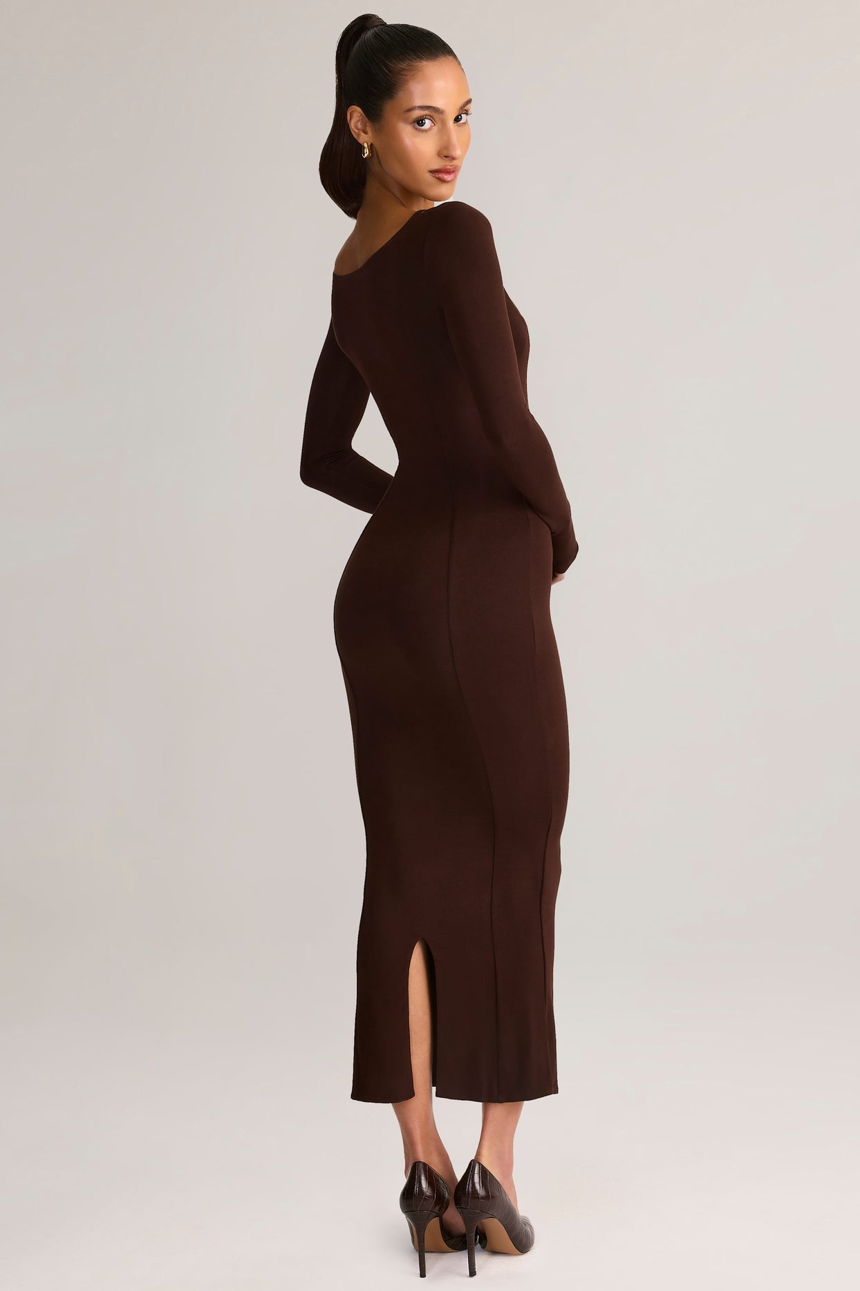 Modal Peekaboo Long-Sleeve Midi Dress in Chocolate Brown - 5