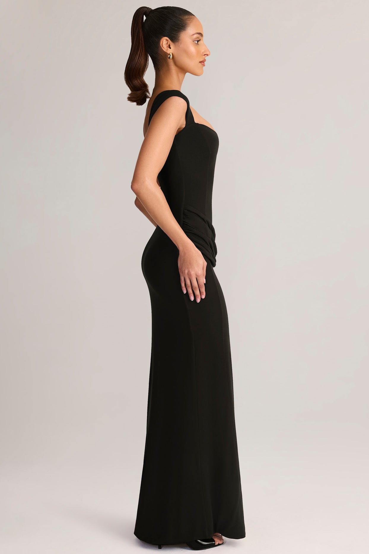 Modal Sweetheart-Neck Cowl-Waist Maxi Dress in Black - 3
