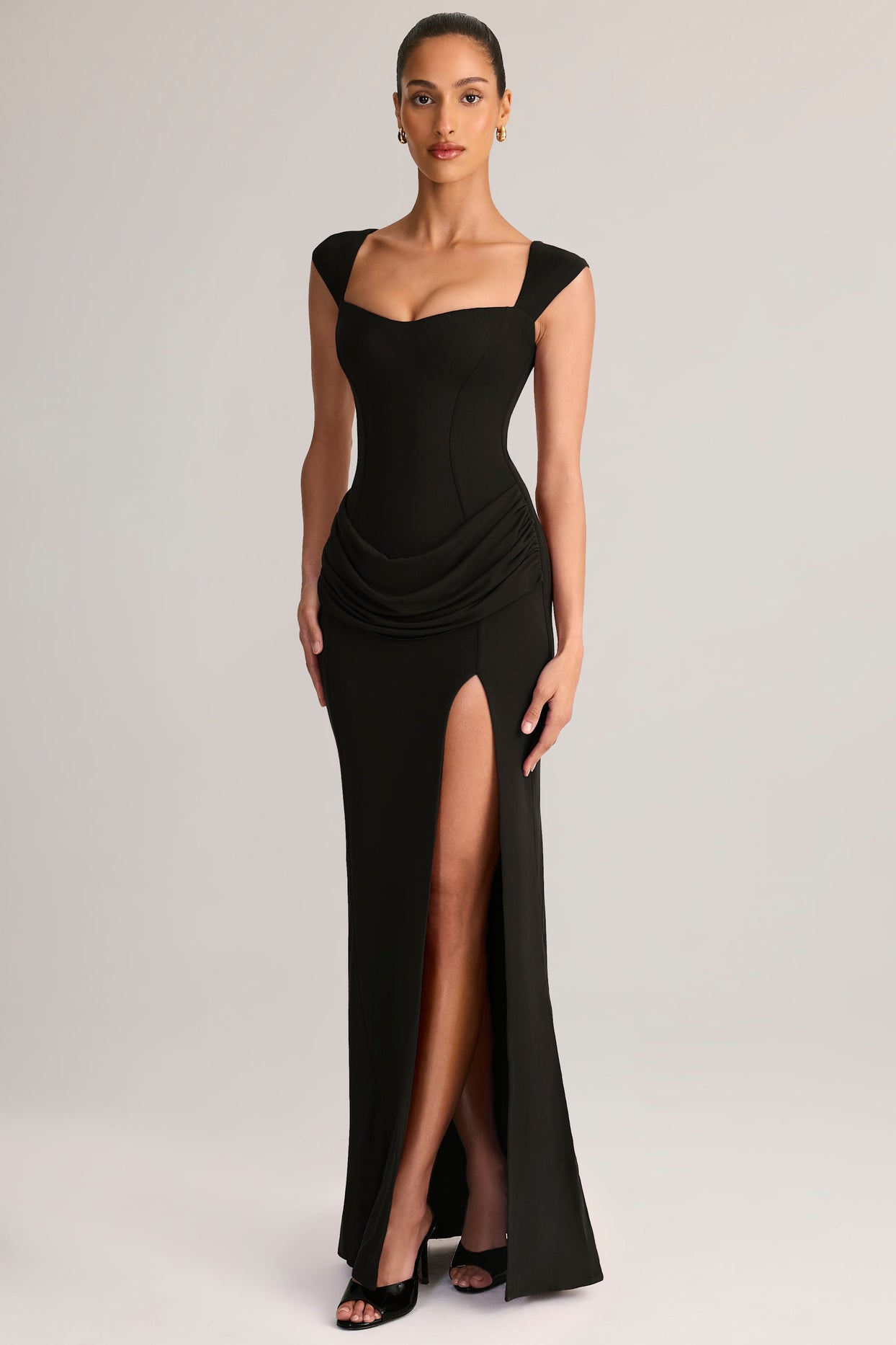 Modal Sweetheart-Neck Cowl-Waist Maxi Dress in Black - 6