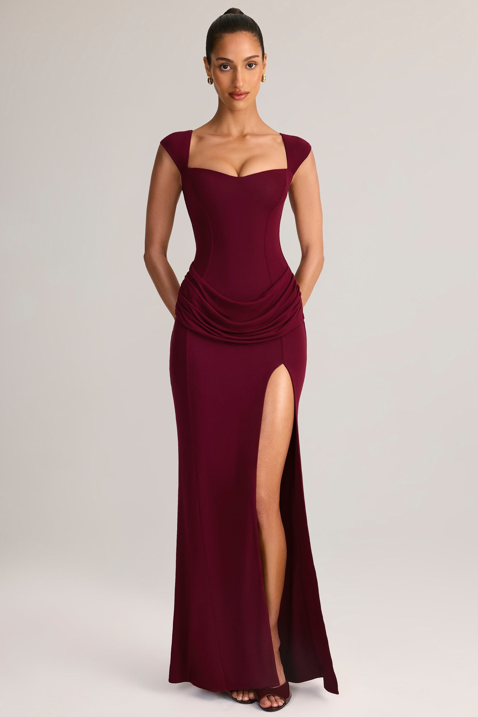 Modal Sweetheart-Neck Cowl-Waist Maxi Dress in Wine - 1