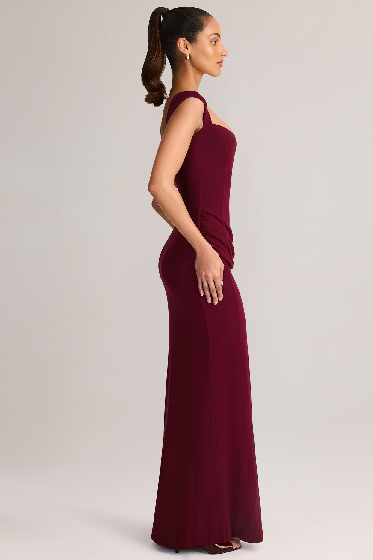 Modal Sweetheart-Neck Cowl-Waist Maxi Dress in Wine - 3