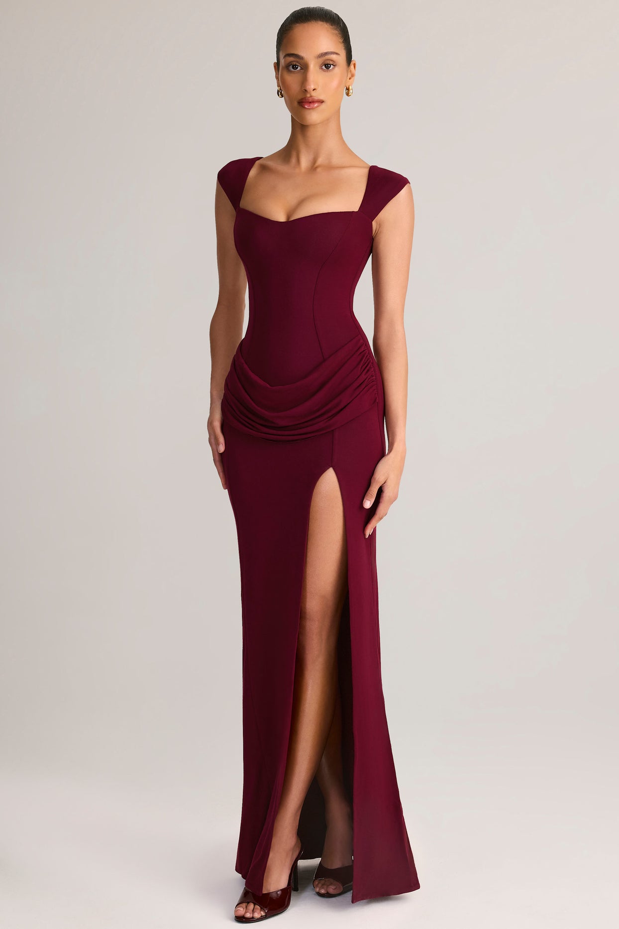 Modal Sweetheart-Neck Cowl-Waist Maxi Dress in Wine - 6