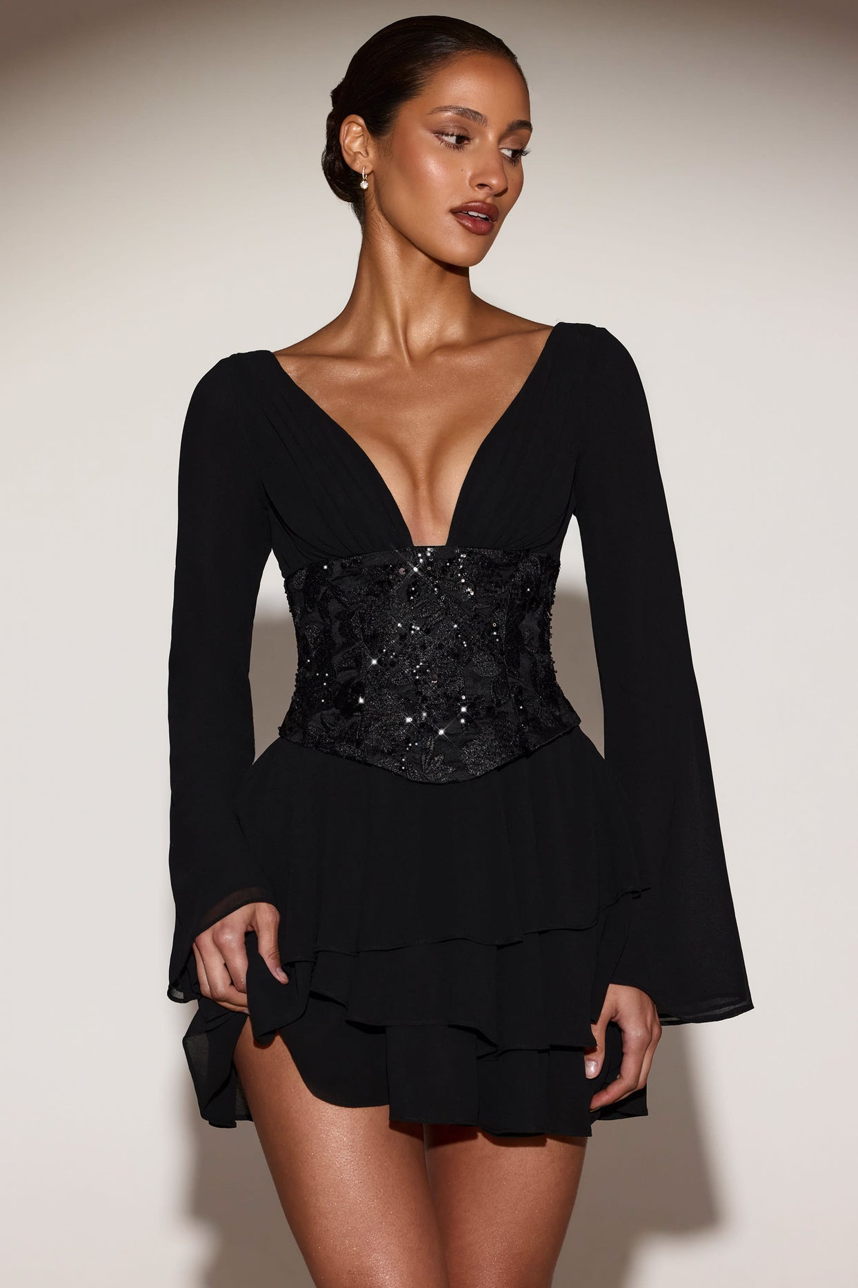 Chiffon Embellished Corset A-line Mini Dress in Black - 6