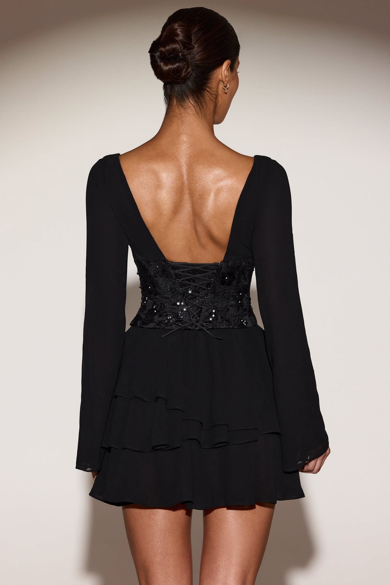 Chiffon Embellished Corset A-line Mini Dress in Black - 2