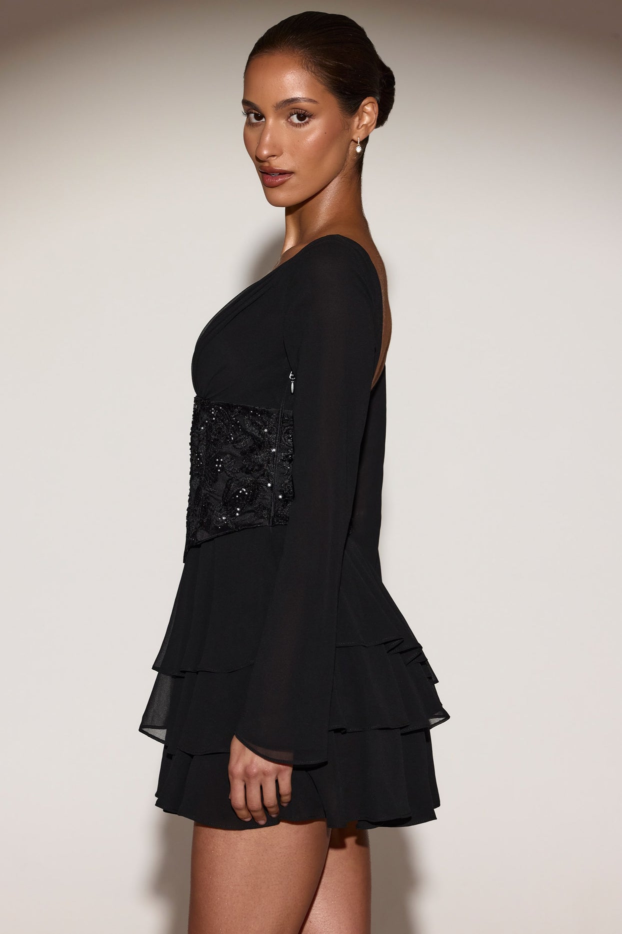 Chiffon Embellished Corset A-line Mini Dress in Black - 4