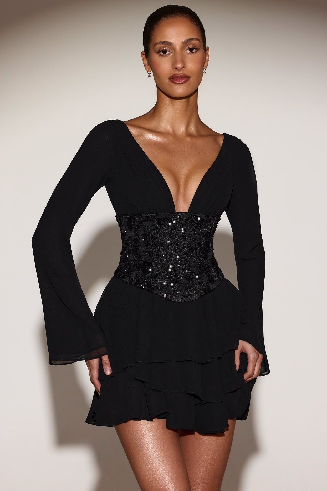 Chiffon Embellished Corset A-line Mini Dress in Black - 1