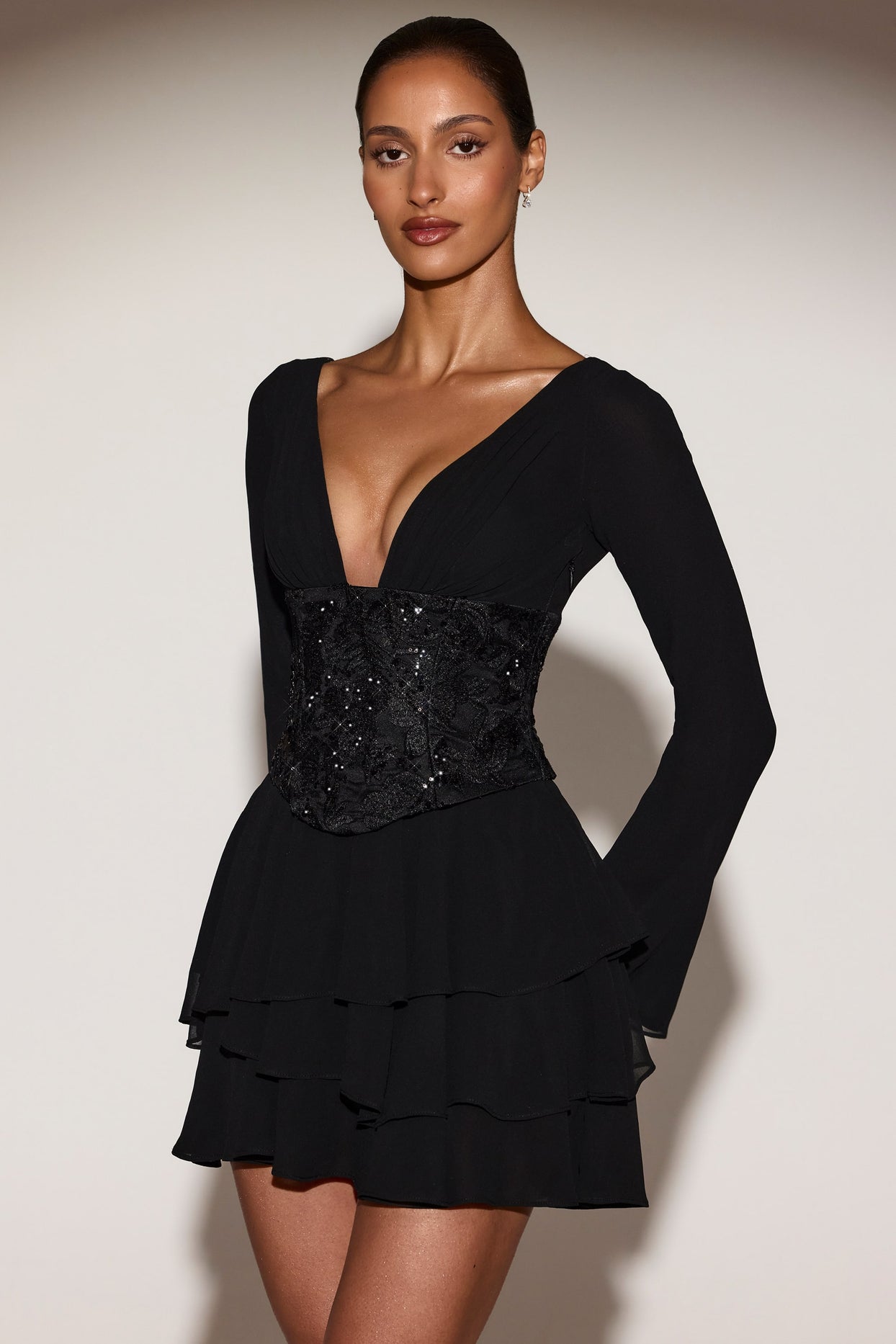 Chiffon Embellished Corset A-line Mini Dress in Black - 5