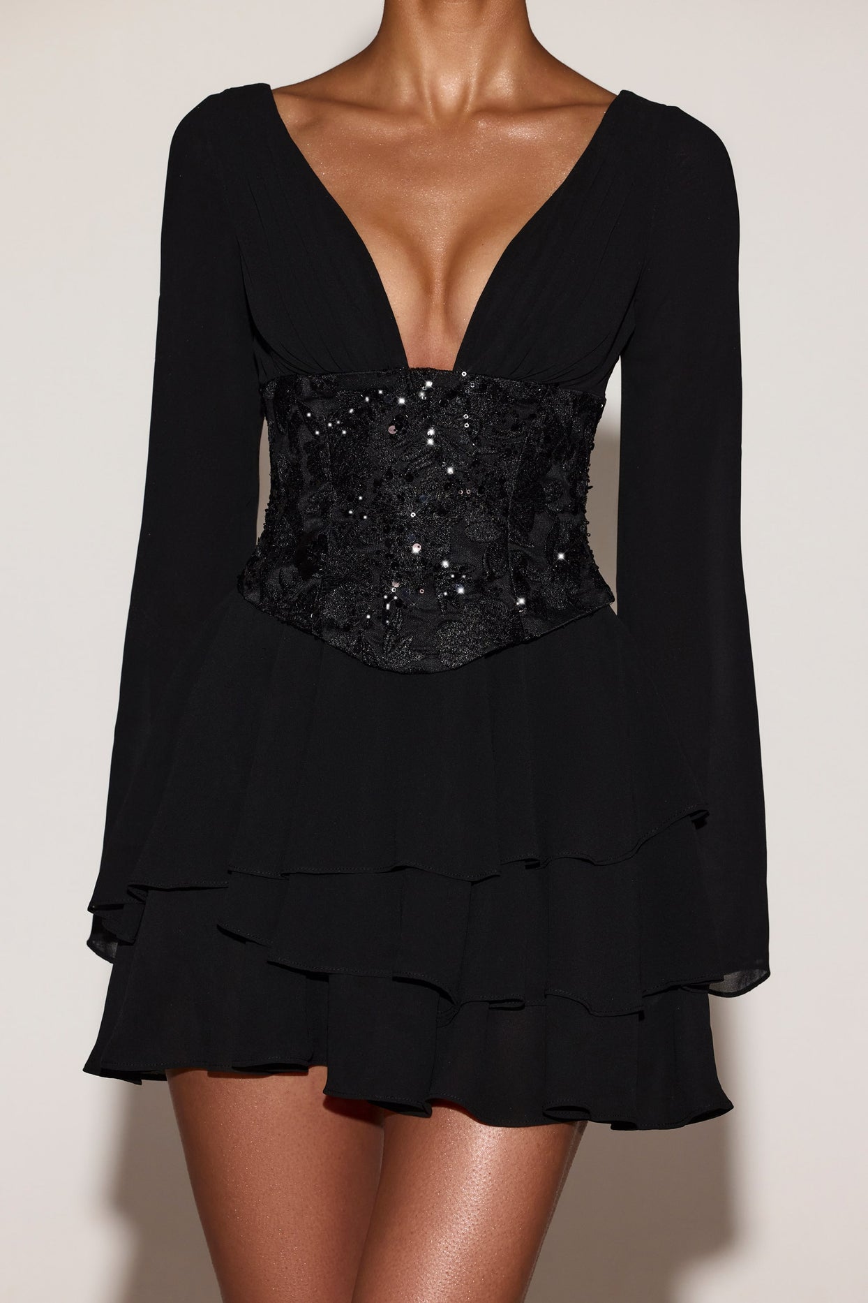 Chiffon Embellished Corset A-line Mini Dress in Black - 3